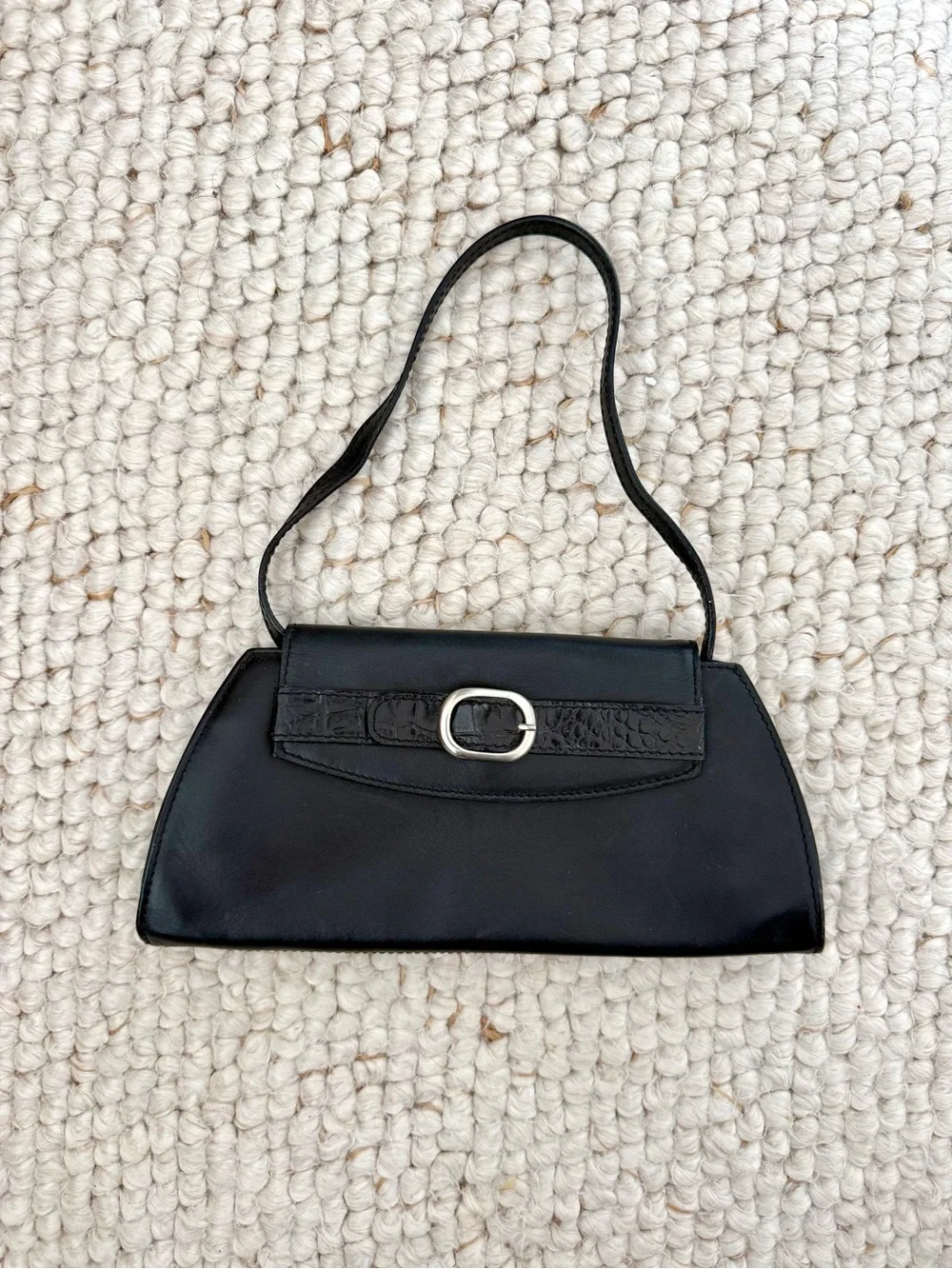 Vintage Fiori Black Leather Clutch with Silver Buckle and Black Croc Accent
